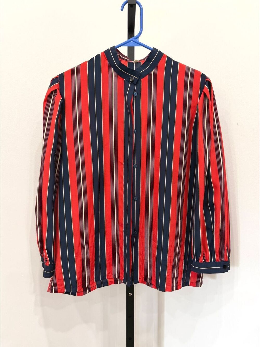 Vintage 90s Red and Navy Vertical Stripe Button-Up Blouse Size 42